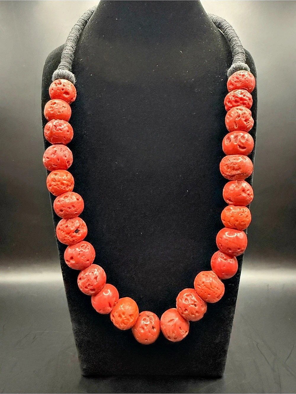Tribal Red-Orange Sponge Coral Necklace on Black Cord.